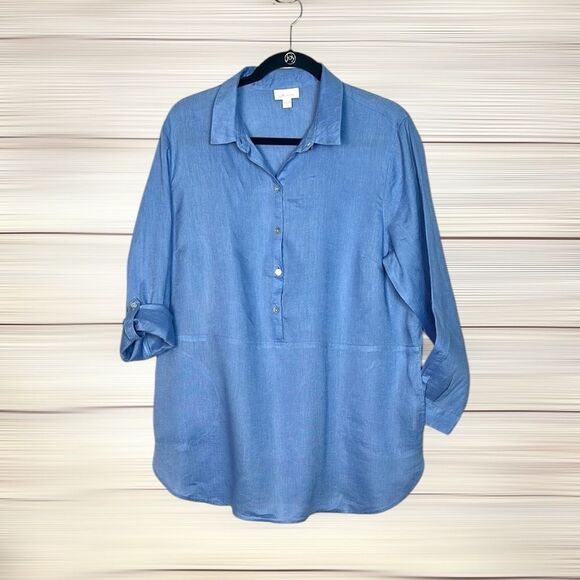 J. Jill Love Linen Blue Popover Tunic Shirt Tab-Sleeve Pockets Large Petite Lp - Picture 2 of 12